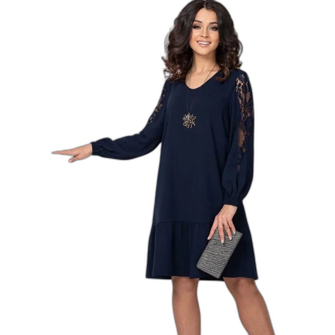 Effortless Navy Lace Mini Dress for Women with V Neck Long Sleeve Tiered Flowing Casual Style