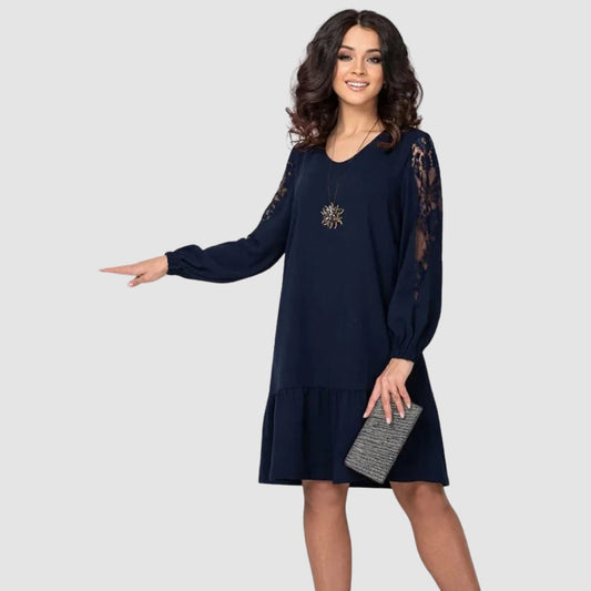 Effortless Navy Lace Mini Dress for Women with V Neck Long Sleeve Tiered Flowing Casual Style