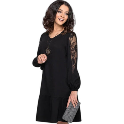 Effortless Navy Lace Mini Dress for Women with V Neck Long Sleeve Tiered Flowing Casual Style