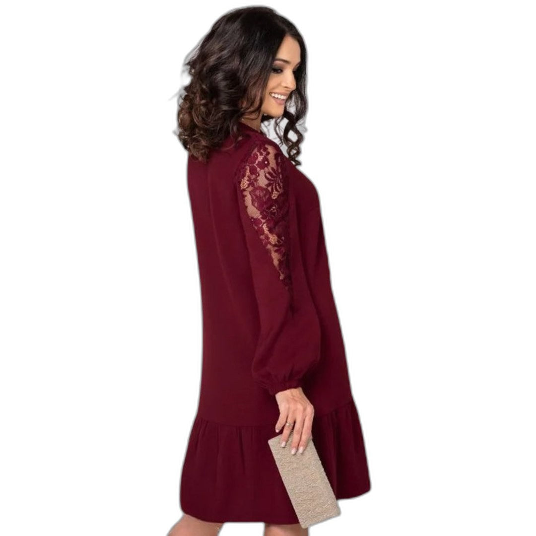 Effortless Navy Lace Mini Dress for Women with V Neck Long Sleeve Tiered Flowing Casual Style