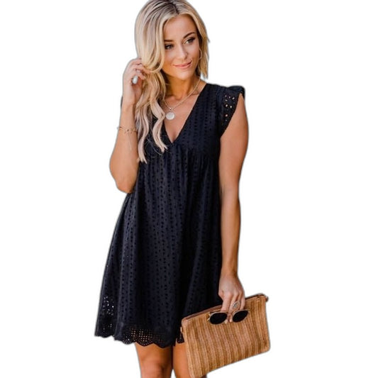 Effortless Navy Lace Mini Dress for Women with V Neck Sleeveless A Line Flowing Casual Style