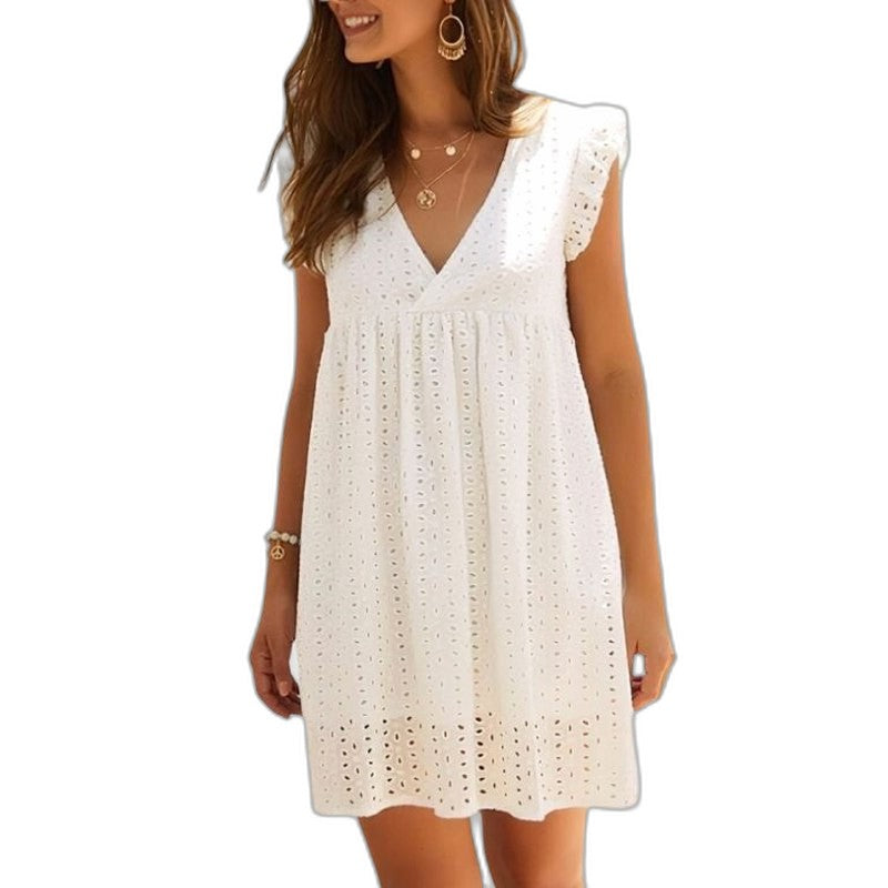 Effortless Navy Lace Mini Dress for Women with V Neck Sleeveless A Line Flowing Casual Style