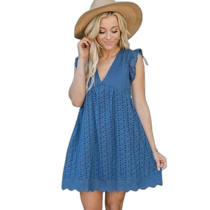 Effortless Navy Lace Mini Dress for Women with V Neck Sleeveless A Line Flowing Casual Style