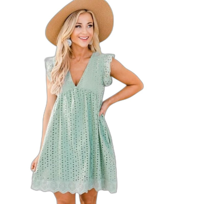 Effortless Navy Lace Mini Dress for Women with V Neck Sleeveless A Line Flowing Casual Style