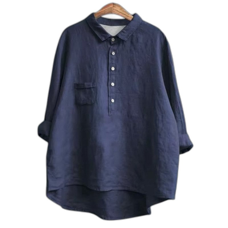 Effortless Navy Linen Blouse for Women with Collared Long Sleeve Button Front Flowing Oversized Casual Style