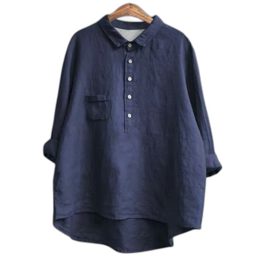 Effortless Navy Linen Blouse for Women with Collared Long Sleeve Button Front Flowing Oversized Casual Style