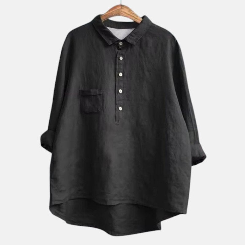 Effortless Navy Linen Blouse for Women with Collared Long Sleeve Button Front Flowing Oversized Casual Style