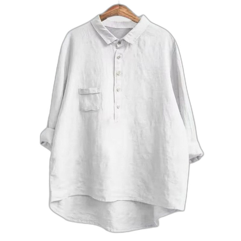 Effortless Navy Linen Blouse for Women with Collared Long Sleeve Button Front Flowing Oversized Casual Style