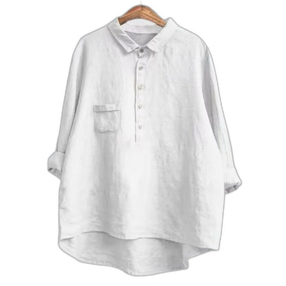 Effortless Navy Linen Blouse for Women with Collared Long Sleeve Button Front Flowing Oversized Casual Style