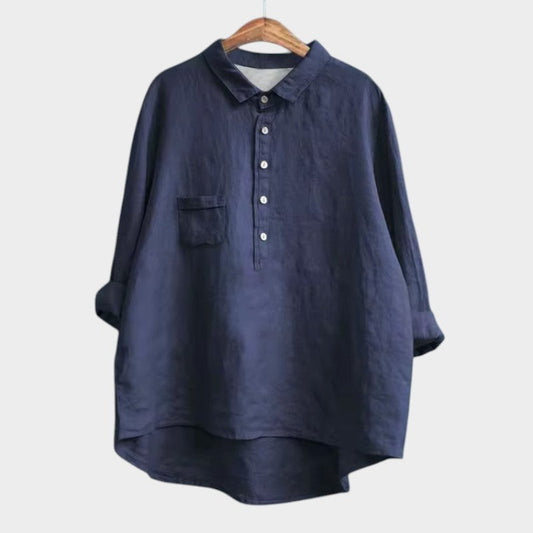 Effortless Navy Linen Blouse for Women with Collared Long Sleeve Button Front Flowing Oversized Casual Style