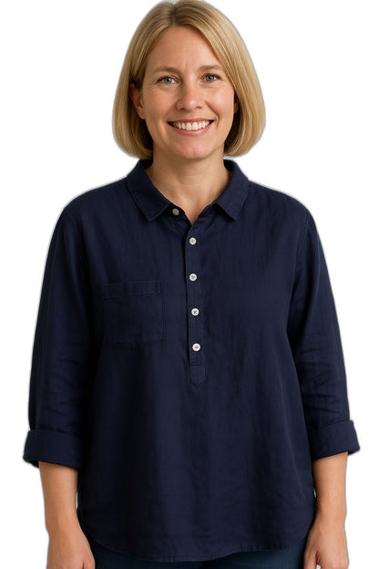 Effortless Navy Linen Blouse for Women with Collared Long Sleeve Button Front Flowing Oversized Casual Style