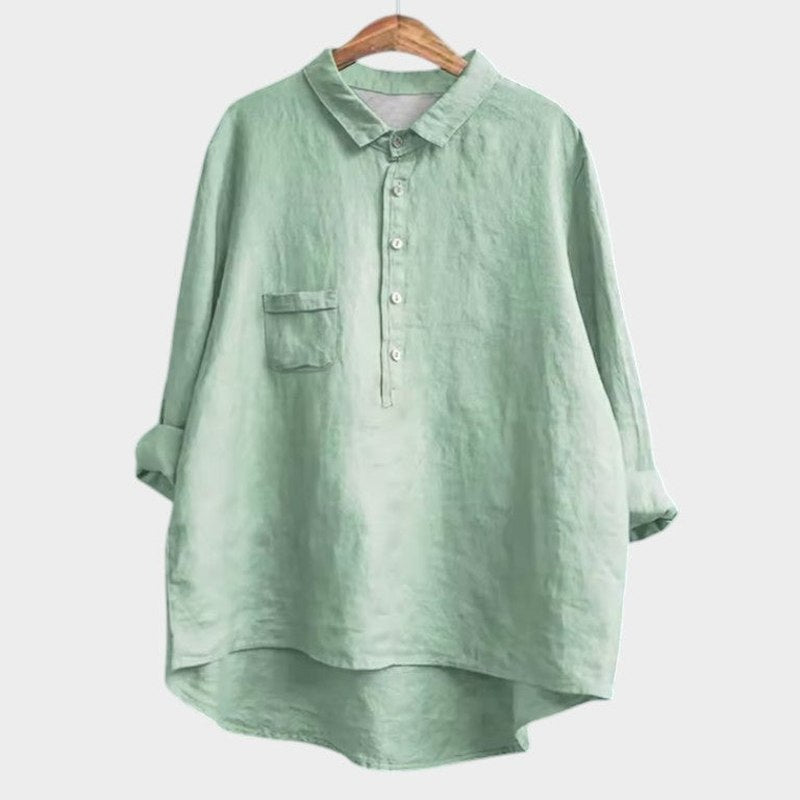 Effortless Navy Linen Blouse for Women with Collared Long Sleeve Button Front Flowing Oversized Casual Style