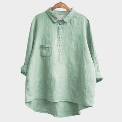 Effortless Navy Linen Blouse for Women with Collared Long Sleeve Button Front Flowing Oversized Casual Style