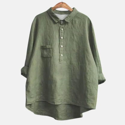 Effortless Navy Linen Blouse for Women with Collared Long Sleeve Button Front Flowing Oversized Casual Style