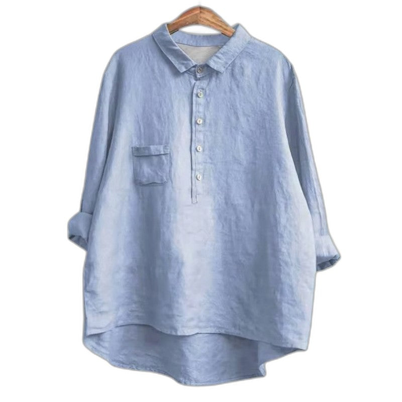 Effortless Navy Linen Blouse for Women with Collared Long Sleeve Button Front Flowing Oversized Casual Style