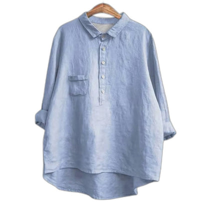 Effortless Navy Linen Blouse for Women with Collared Long Sleeve Button Front Flowing Oversized Casual Style