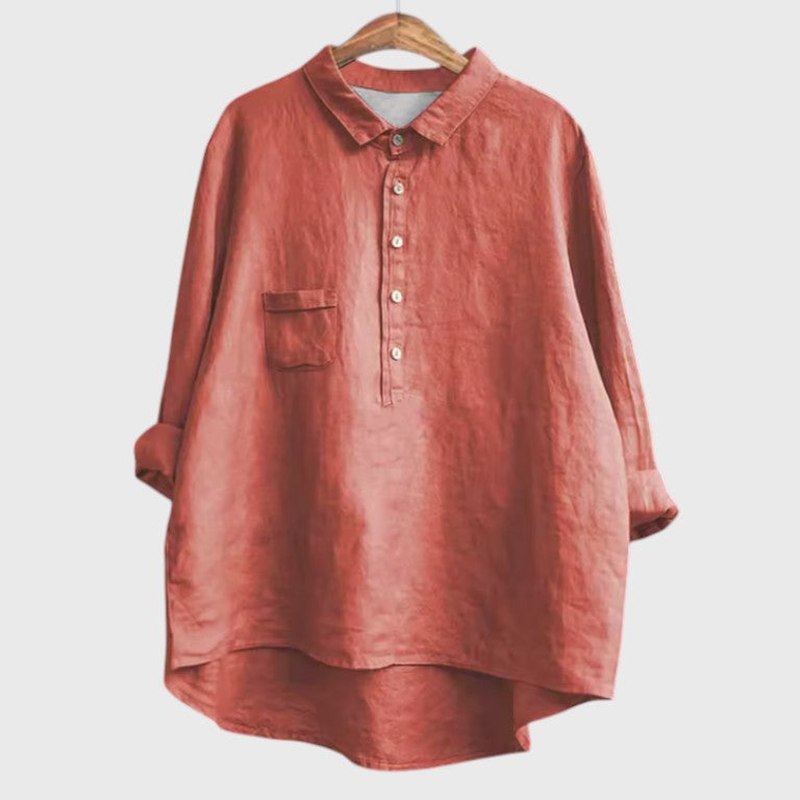 Effortless Navy Linen Blouse for Women with Collared Long Sleeve Button Front Flowing Oversized Casual Style