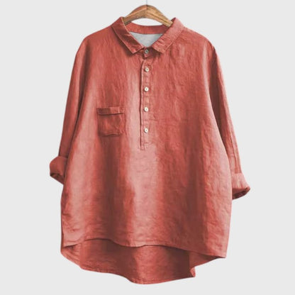 Effortless Navy Linen Blouse for Women with Collared Long Sleeve Button Front Flowing Oversized Casual Style