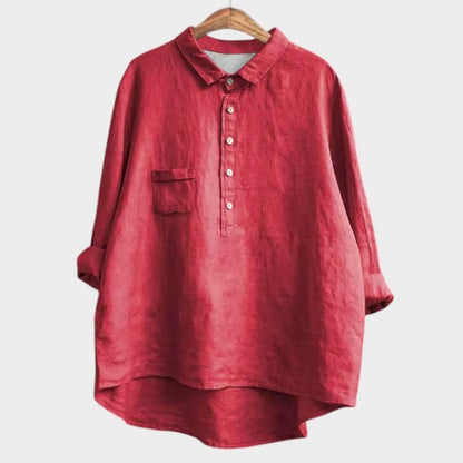 Effortless Navy Linen Blouse for Women with Collared Long Sleeve Button Front Flowing Oversized Casual Style