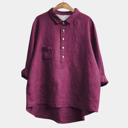 Effortless Navy Linen Blouse for Women with Collared Long Sleeve Button Front Flowing Oversized Casual Style