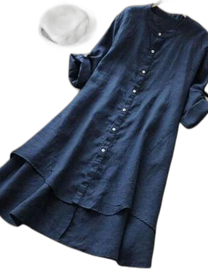 Effortless Navy Linen Blouse for Women with Collared Short Sleeve Button Front Flowing Casual Style