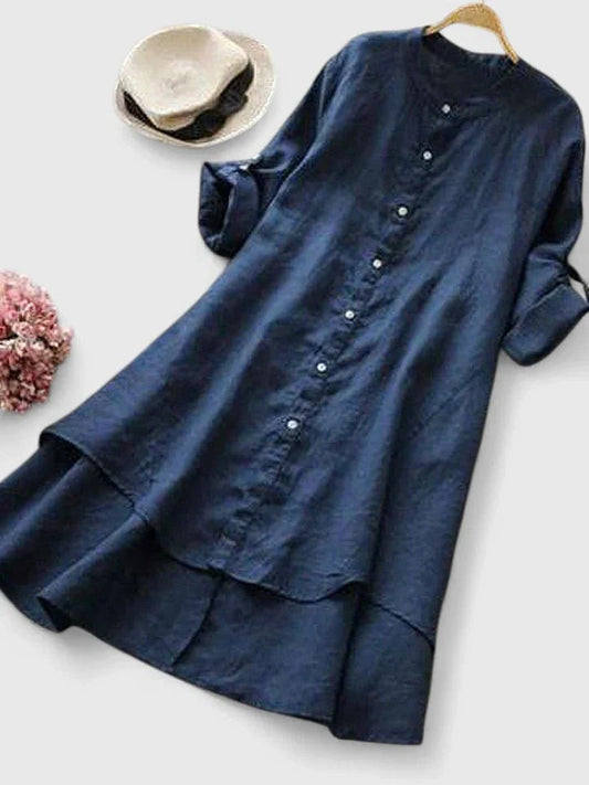 Effortless Navy Linen Blouse for Women with Collared Short Sleeve Button Front Flowing Casual Style