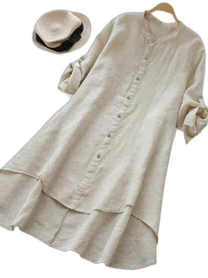 Effortless Navy Linen Blouse for Women with Collared Short Sleeve Button Front Flowing Casual Style