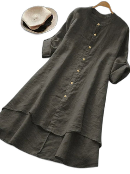 Effortless Navy Linen Blouse for Women with Collared Short Sleeve Button Front Flowing Casual Style