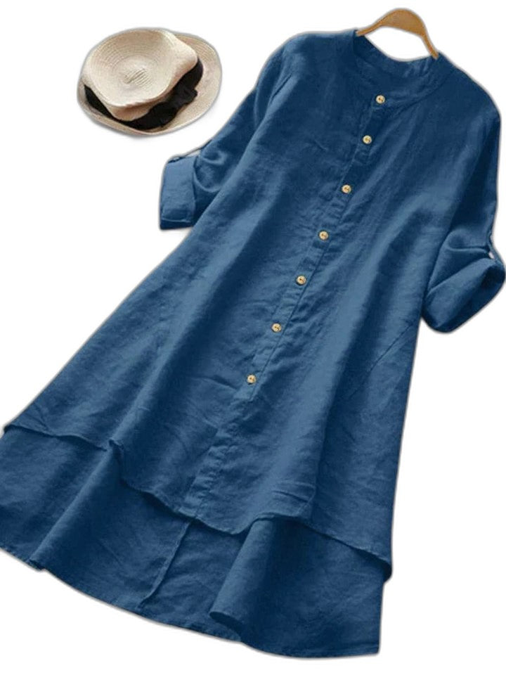 Effortless Navy Linen Blouse for Women with Collared Short Sleeve Button Front Flowing Casual Style
