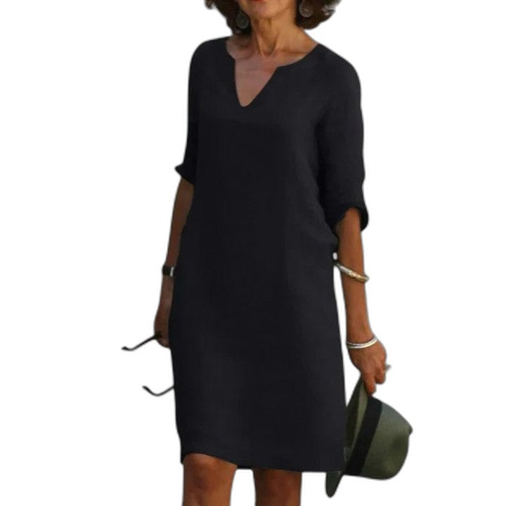 Effortless Navy Linen Midi Dress for Women with V Neck Elbow Sleeve Flowing Casual Style
