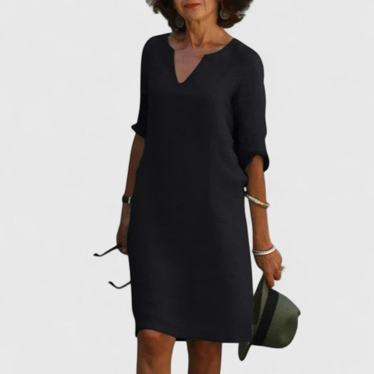 Effortless Navy Linen Midi Dress for Women with V Neck Elbow Sleeve Flowing Casual Style