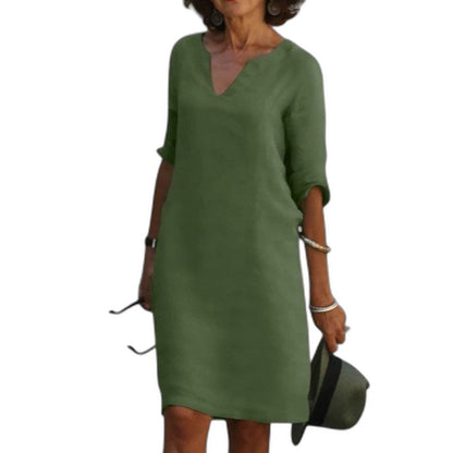Effortless Navy Linen Midi Dress for Women with V Neck Elbow Sleeve Flowing Casual Style