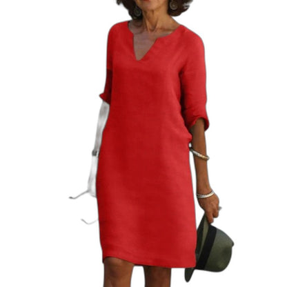 Effortless Navy Linen Midi Dress for Women with V Neck Elbow Sleeve Flowing Casual Style