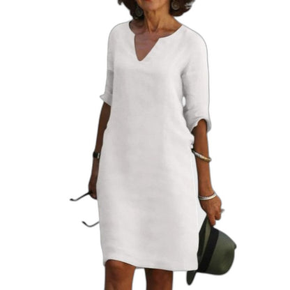 Effortless Navy Linen Midi Dress for Women with V Neck Elbow Sleeve Flowing Casual Style