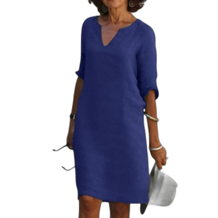 Effortless Navy Linen Midi Dress for Women with V Neck Elbow Sleeve Flowing Casual Style