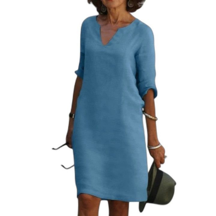 Effortless Navy Linen Midi Dress for Women with V Neck Elbow Sleeve Flowing Casual Style