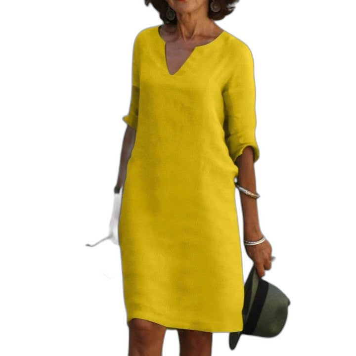 Effortless Navy Linen Midi Dress for Women with V Neck Elbow Sleeve Flowing Casual Style