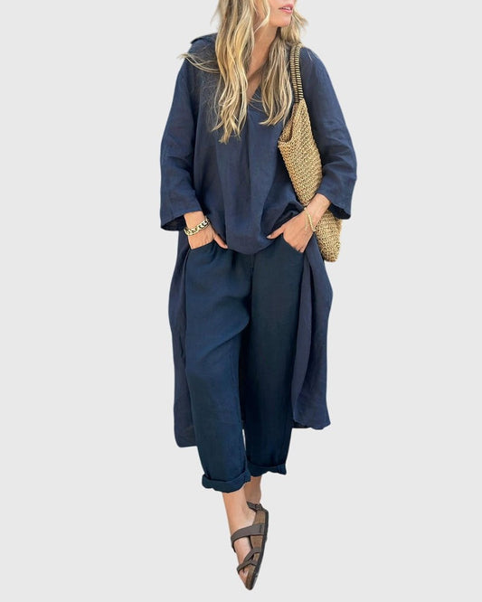 Effortless Navy Linen Two Piece Set for Women with Flowing Oversized Casual Style