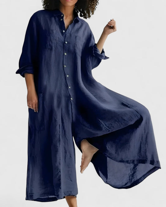 Effortless Navy Maxi Dress for Women with Collared Long Sleeve Button Front Flowing Casual Style