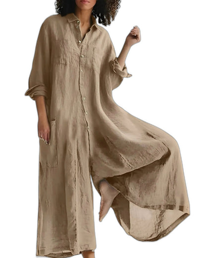 Effortless Navy Maxi Dress for Women with Collared Long Sleeve Button Front Flowing Casual Style