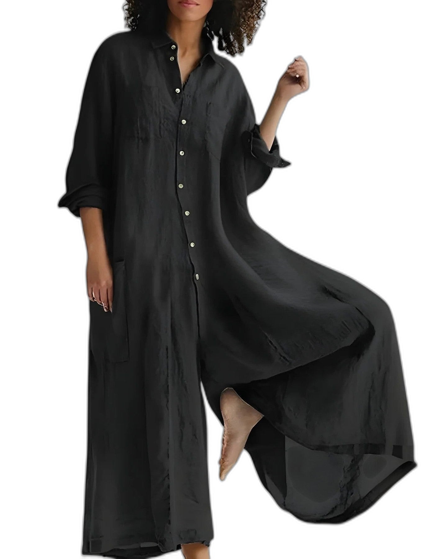 Effortless Navy Maxi Dress for Women with Collared Long Sleeve Button Front Flowing Casual Style