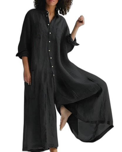 Effortless Navy Maxi Dress for Women with Collared Long Sleeve Button Front Flowing Casual Style