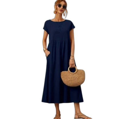 Effortless Navy Maxi Dress for Women with Crew Neck Short Sleeve Tiered Flowing Pockets Casual Style