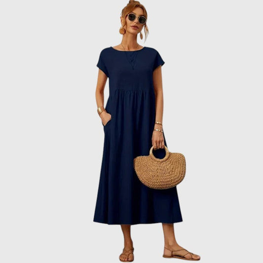 Effortless Navy Maxi Dress for Women with Crew Neck Short Sleeve Tiered Flowing Pockets Casual Style