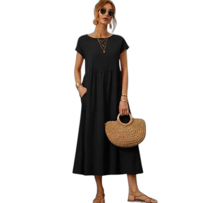 Effortless Navy Maxi Dress for Women with Crew Neck Short Sleeve Tiered Flowing Pockets Casual Style