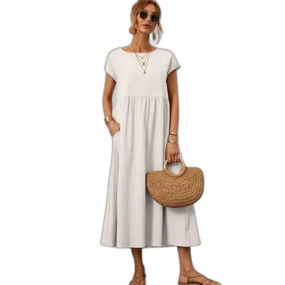 Effortless Navy Maxi Dress for Women with Crew Neck Short Sleeve Tiered Flowing Pockets Casual Style