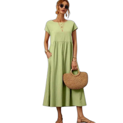Effortless Navy Maxi Dress for Women with Crew Neck Short Sleeve Tiered Flowing Pockets Casual Style