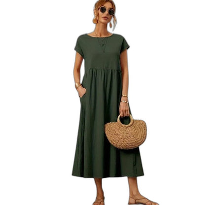 Effortless Navy Maxi Dress for Women with Crew Neck Short Sleeve Tiered Flowing Pockets Casual Style