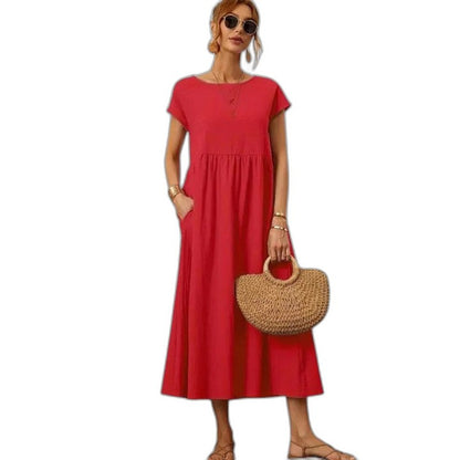 Effortless Navy Maxi Dress for Women with Crew Neck Short Sleeve Tiered Flowing Pockets Casual Style