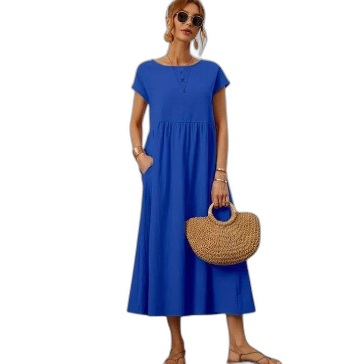 Effortless Navy Maxi Dress for Women with Crew Neck Short Sleeve Tiered Flowing Pockets Casual Style